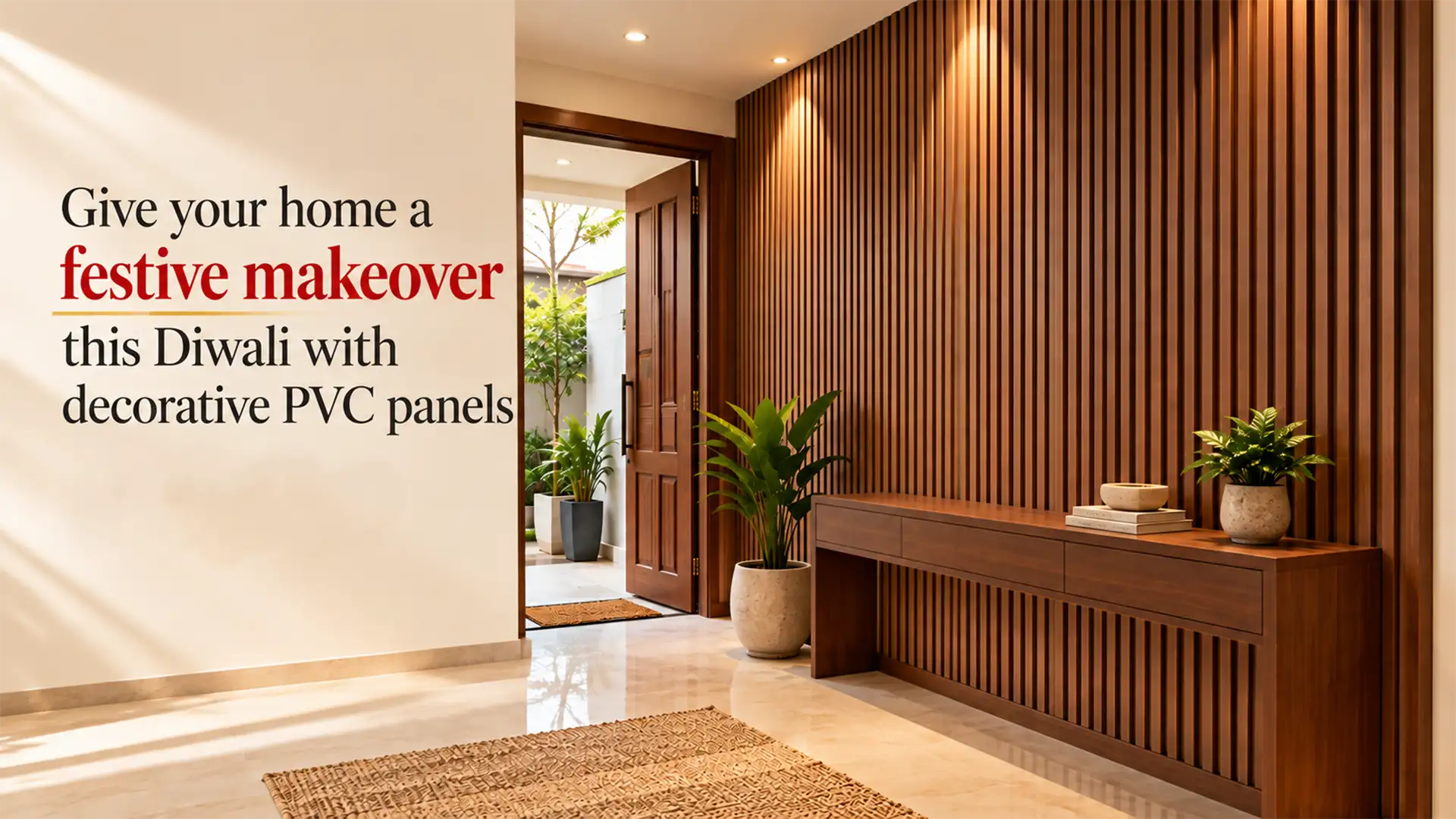 PVC Panels for Walls featuring a modern home entrance with vertical wood-textured wall panels, warm lighting, a floating console table, and decorative indoor plants