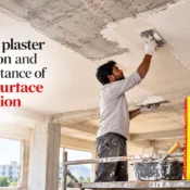 Gypsum Plaster being applied to a prepared concrete ceiling with a hand trowel while a Buildwell UltraGold plaster bag is displayed nearby