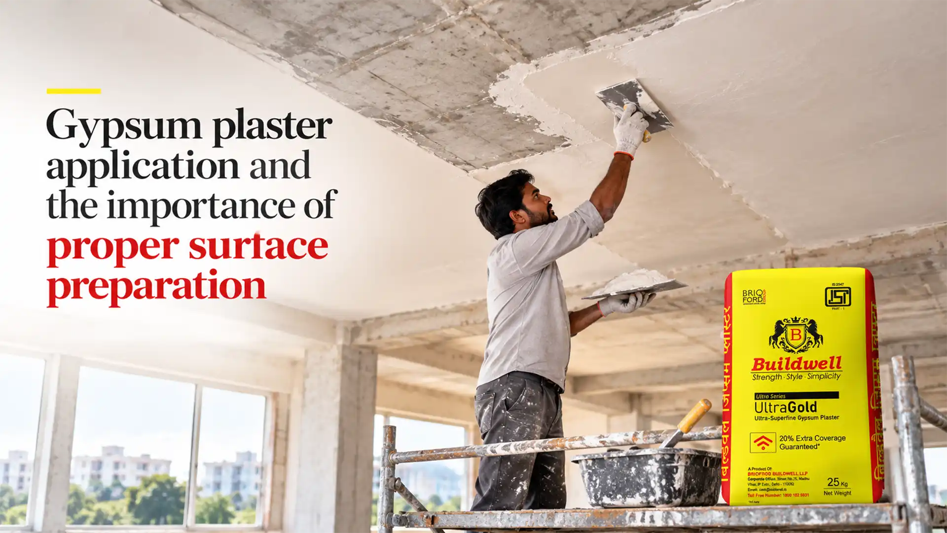 Gypsum Plaster being applied to a prepared concrete ceiling with a hand trowel while a Buildwell UltraGold plaster bag is displayed nearby