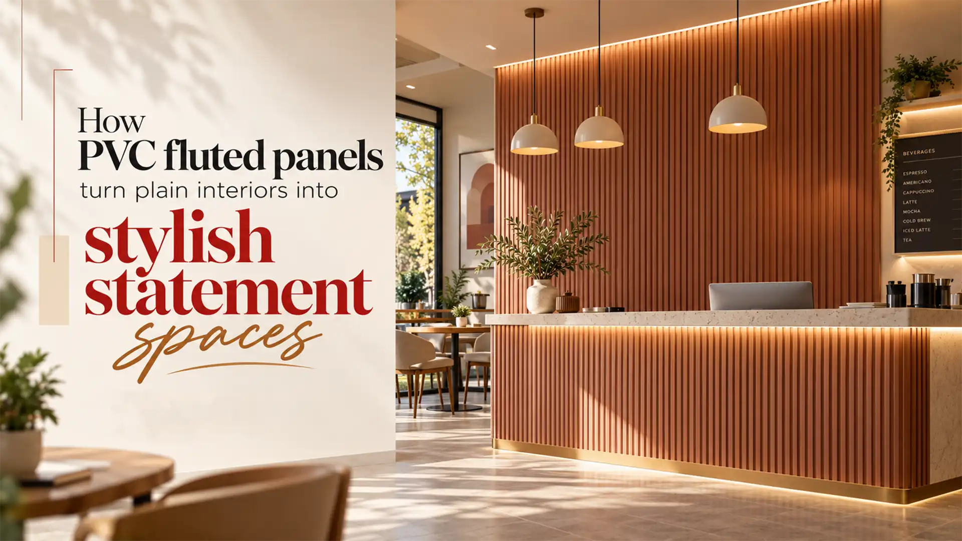 PVC Fluted Panel installed on a modern café reception wall and counter, featuring vertical wood-textured grooves, pendant lights, and warm integrated lighting