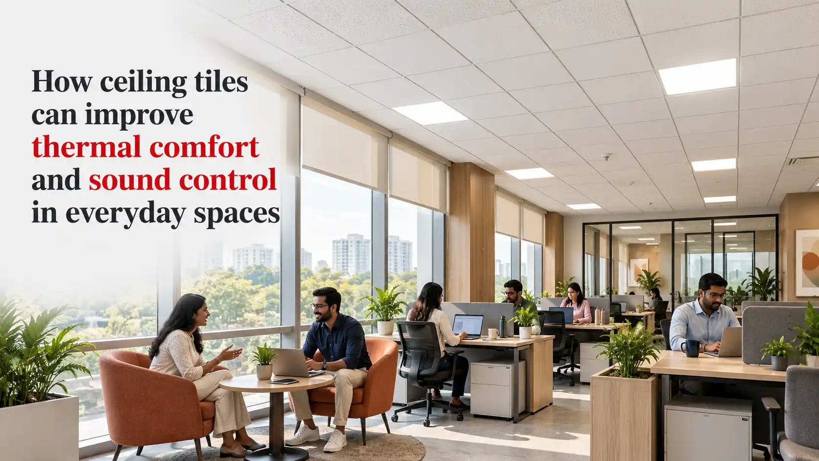 Ceiling Tiles installed across a modern office ceiling with integrated lighting above workstations and seating areas