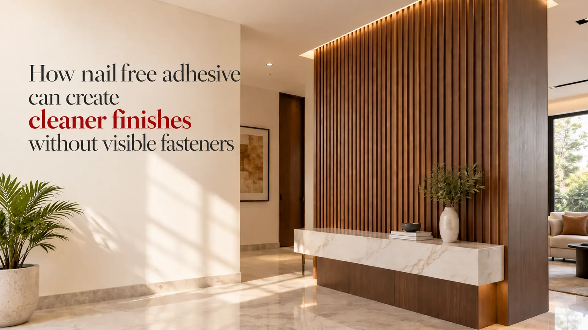 Nail Free Adhesive used for installing vertical decorative wall panels with a clean finish and no visible fasteners in a modern interior