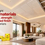 Buildwell Ceiling Materials displayed in a modern living room featuring decorative ceiling panels, recessed lighting, perforated tiles, and an exposed metal ceiling framework