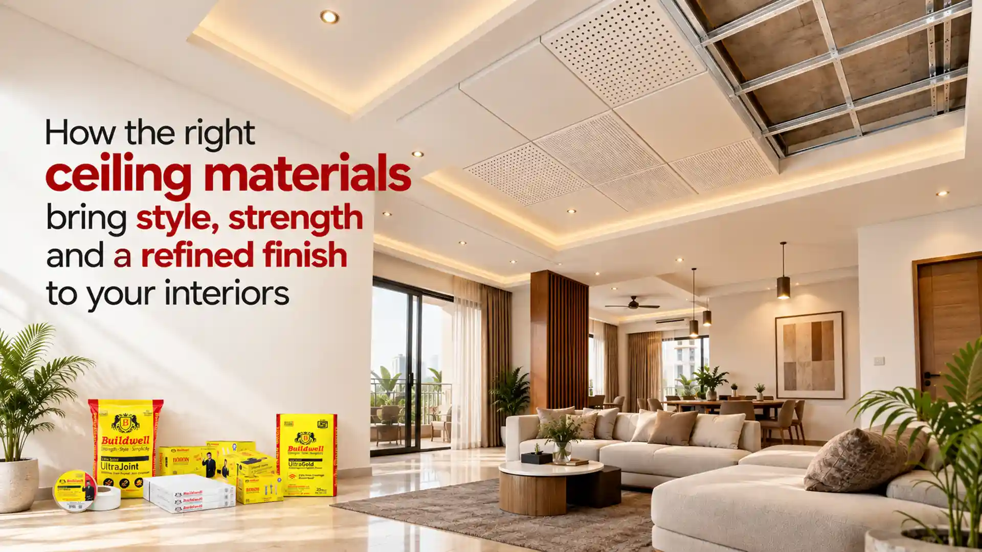 Buildwell Ceiling Materials displayed in a modern living room featuring decorative ceiling panels, recessed lighting, perforated tiles, and an exposed metal ceiling framework