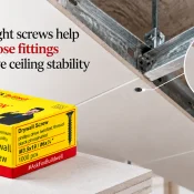 Drywall Screw fastening gypsum board to a metal ceiling frame, with a close-up of the screw head and Buildwell screw packaging shown nearby