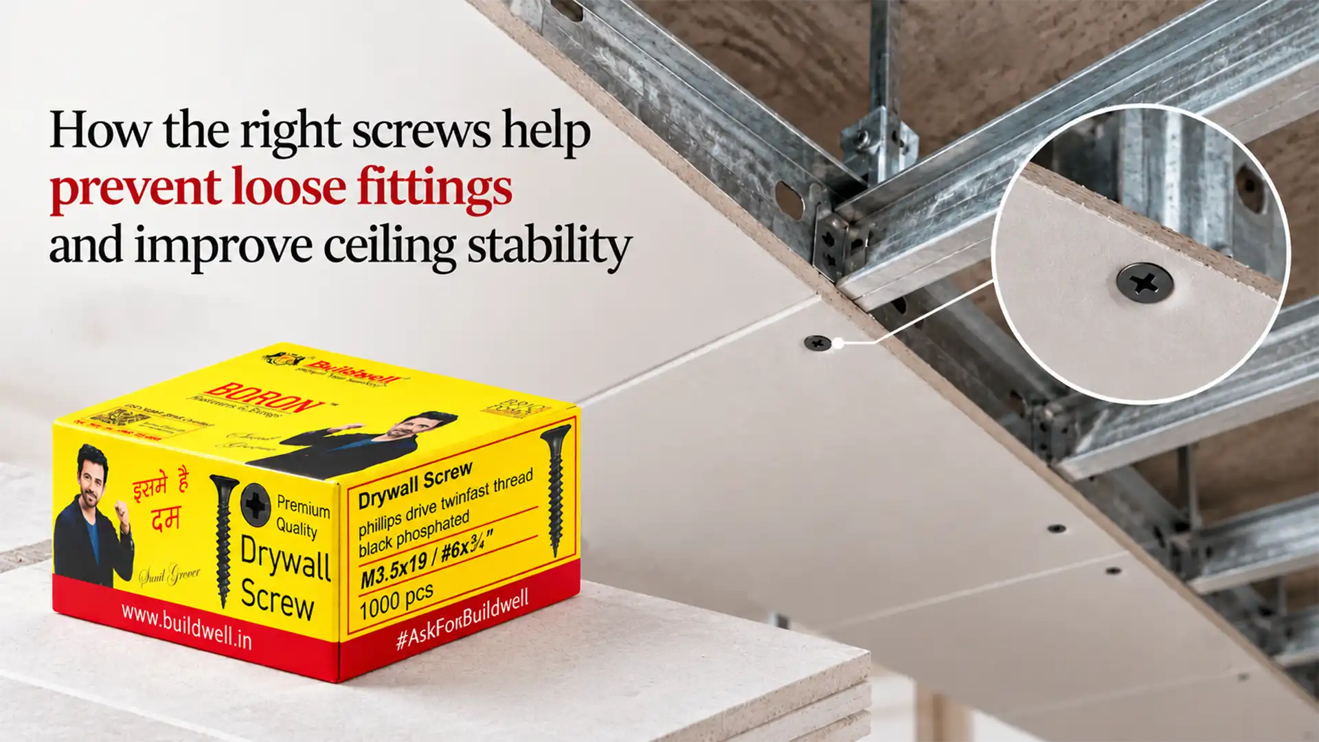 Drywall Screw fastening gypsum board to a metal ceiling frame, with a close-up of the screw head and Buildwell screw packaging shown nearby