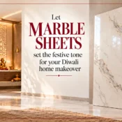 Elegant Diwali home interior featuring white Marble Sheets with natural grey and gold veining, decorative wooden panels, warm lighting and festive decor.