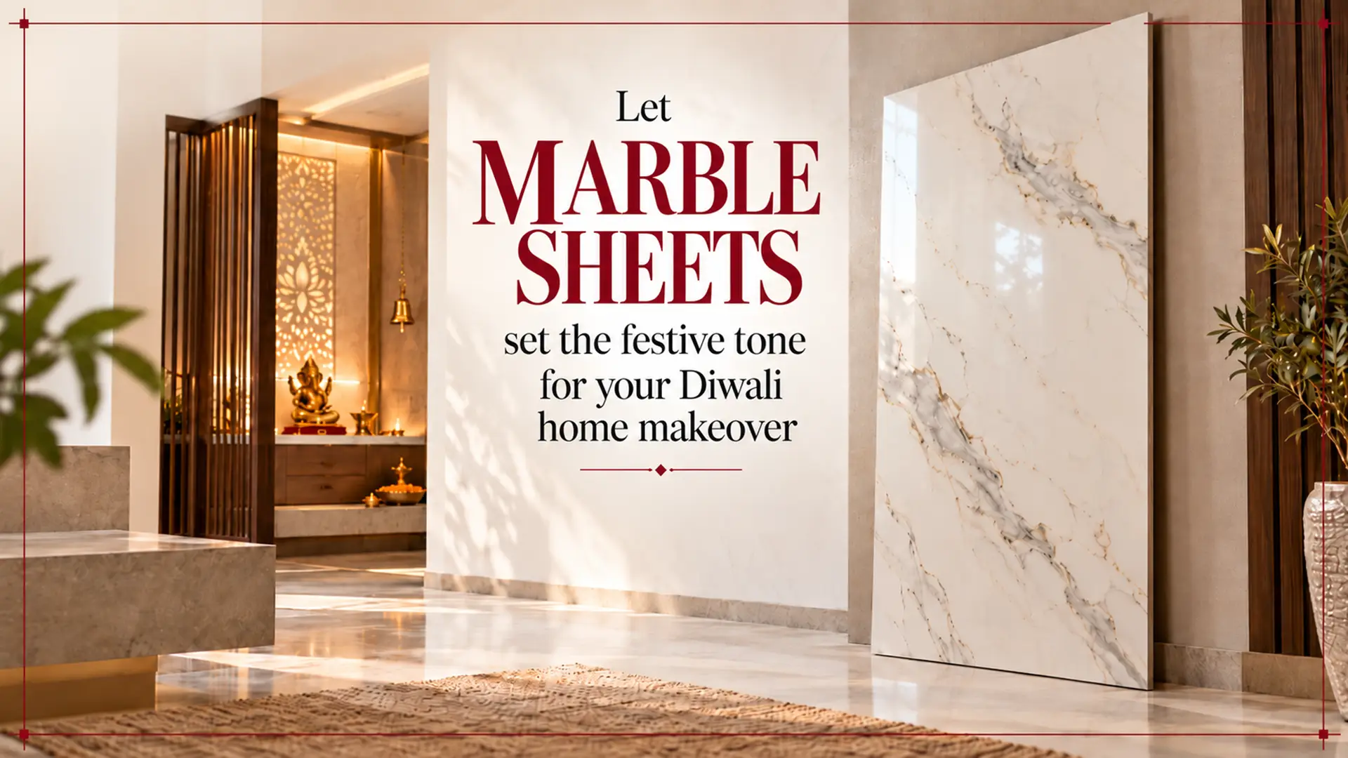 Elegant Diwali home interior featuring white Marble Sheets with natural grey and gold veining, decorative wooden panels, warm lighting and festive decor.