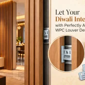 WPC Louvers Clips displayed with vertical wood-finish louver wall panels, a close-up of metal fixing clips on mounting rails, and a modern living room decorated for Diwali