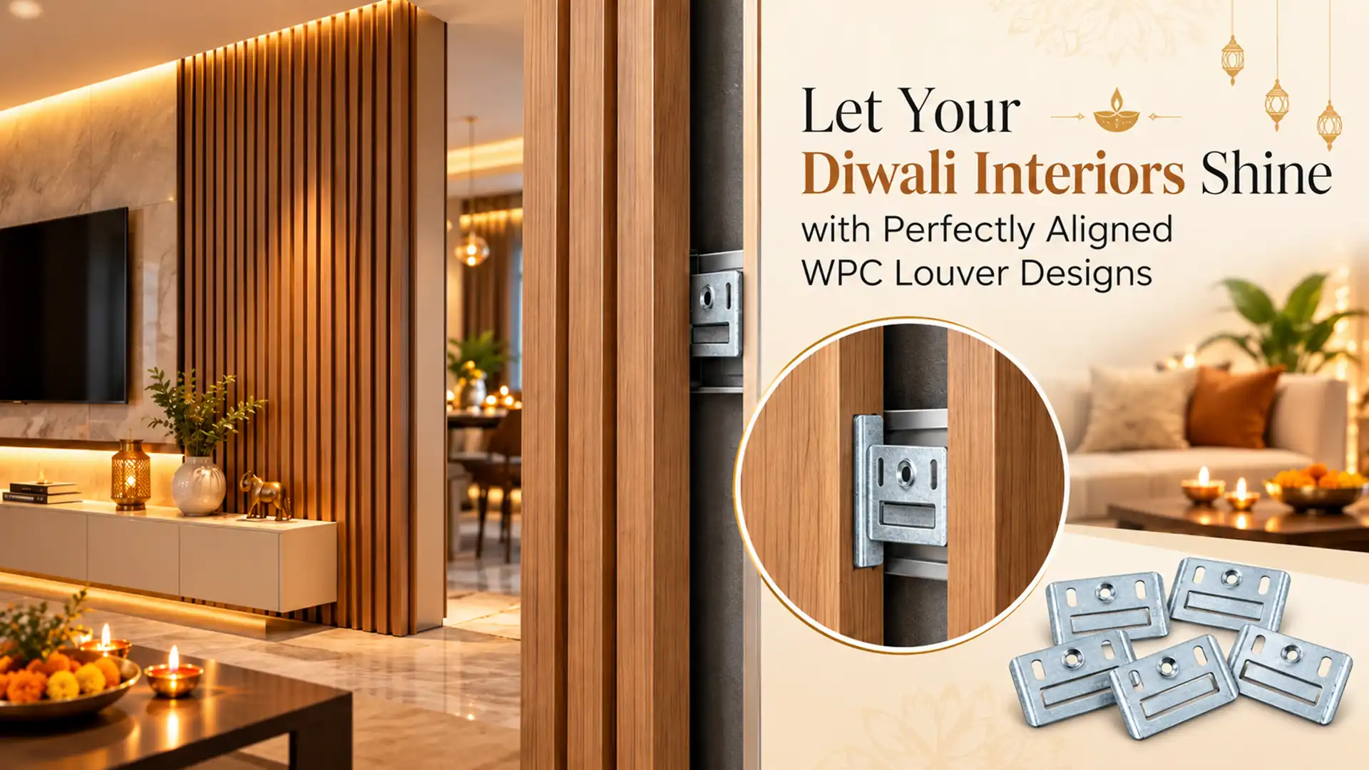 WPC Louvers Clips displayed with vertical wood-finish louver wall panels, a close-up of metal fixing clips on mounting rails, and a modern living room decorated for Diwali