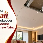 Drywall Screw securing ceiling panels to metal framing in a modern living room with decorative lighting and a festive Diwali interior design.