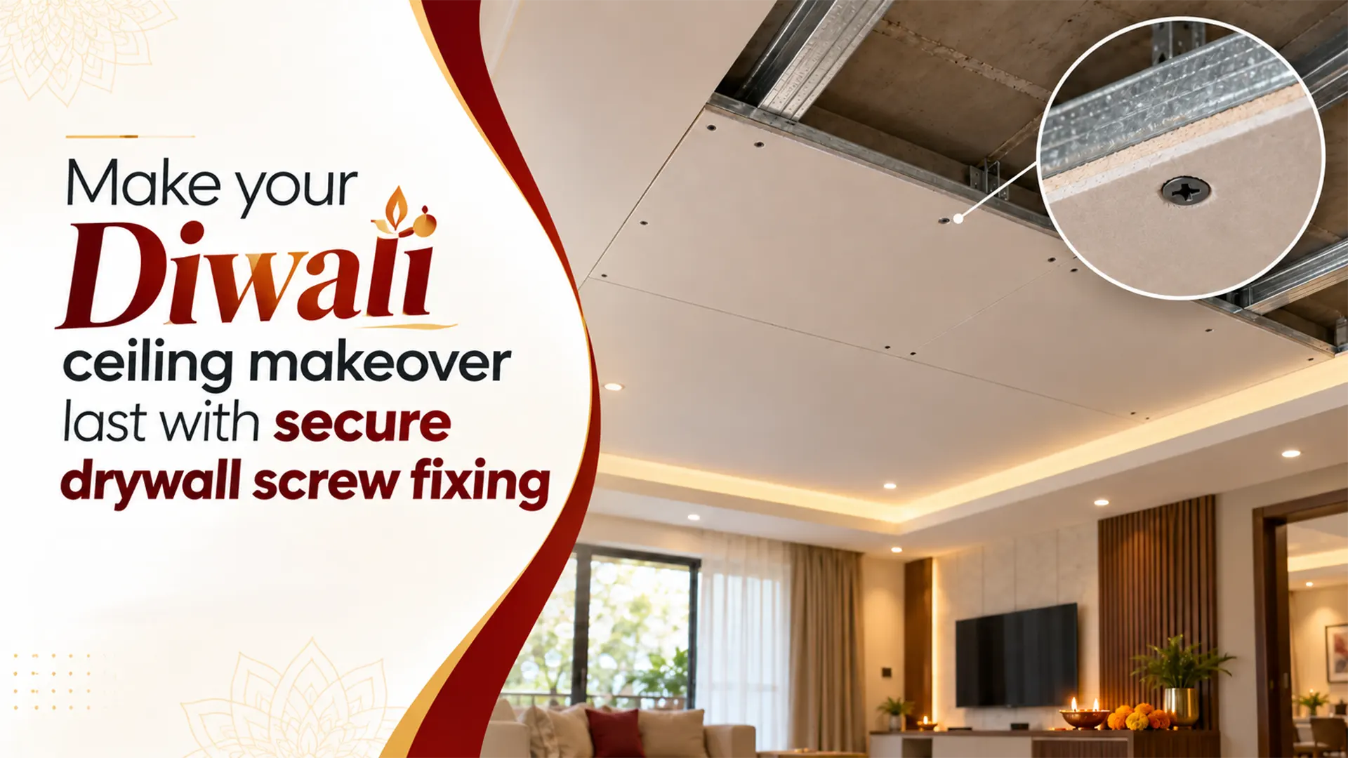 Drywall Screw securing ceiling panels to metal framing in a modern living room with decorative lighting and a festive Diwali interior design.