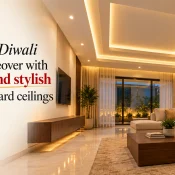 Gypsum Boards used in a modern living room false ceiling featuring layered designs, recessed lighting, warm LED strips, and a smooth finish for a Diwali home makeover