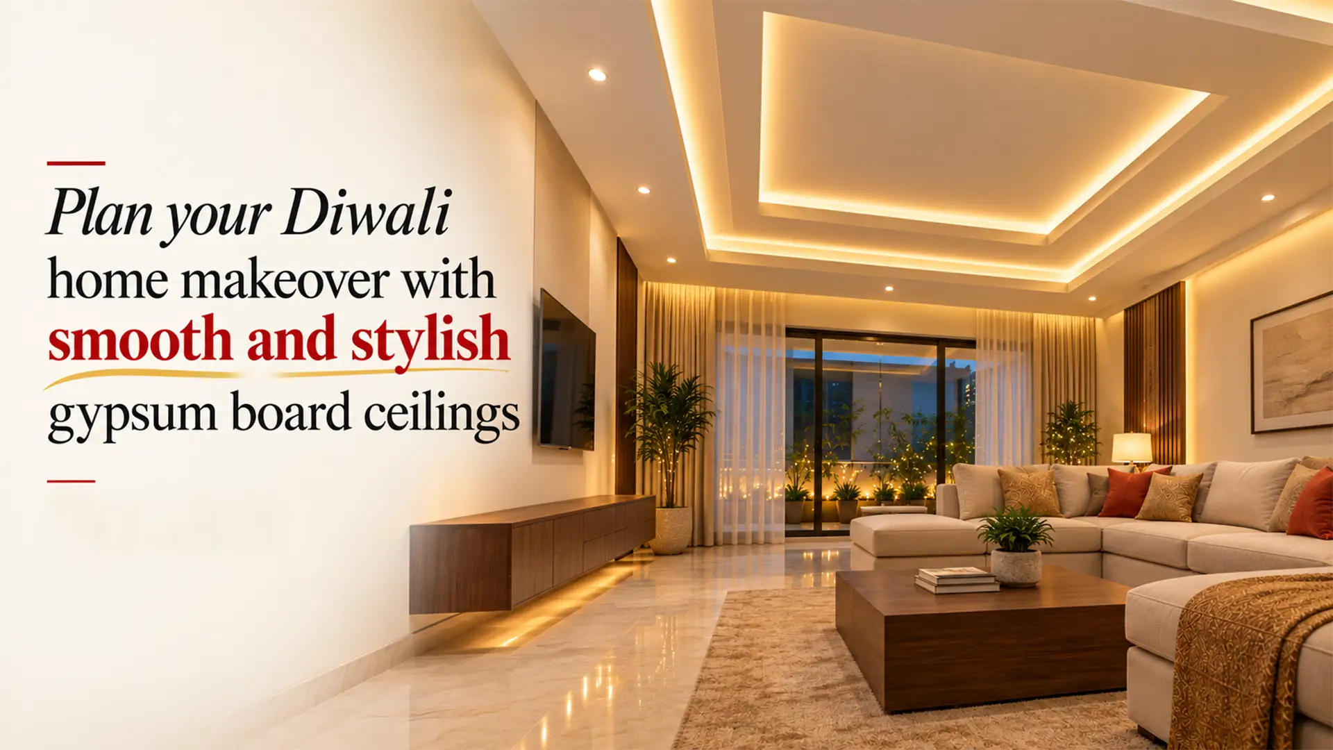 Gypsum Boards used in a modern living room false ceiling featuring layered designs, recessed lighting, warm LED strips, and a smooth finish for a Diwali home makeover