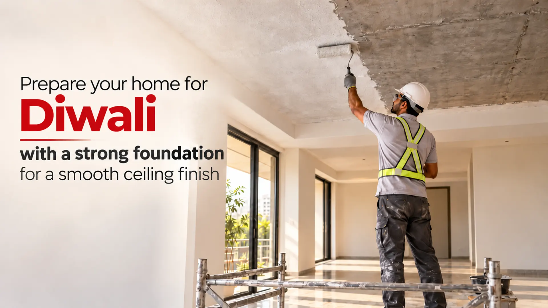 Gypsum Bond being applied with a roller to an RCC ceiling by a construction worker wearing a safety helmet and reflective harness, preparing the surface for plastering