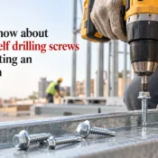 Worker using a drill to install a Hex Head Self Drilling Screw into a galvanized metal frame during construction